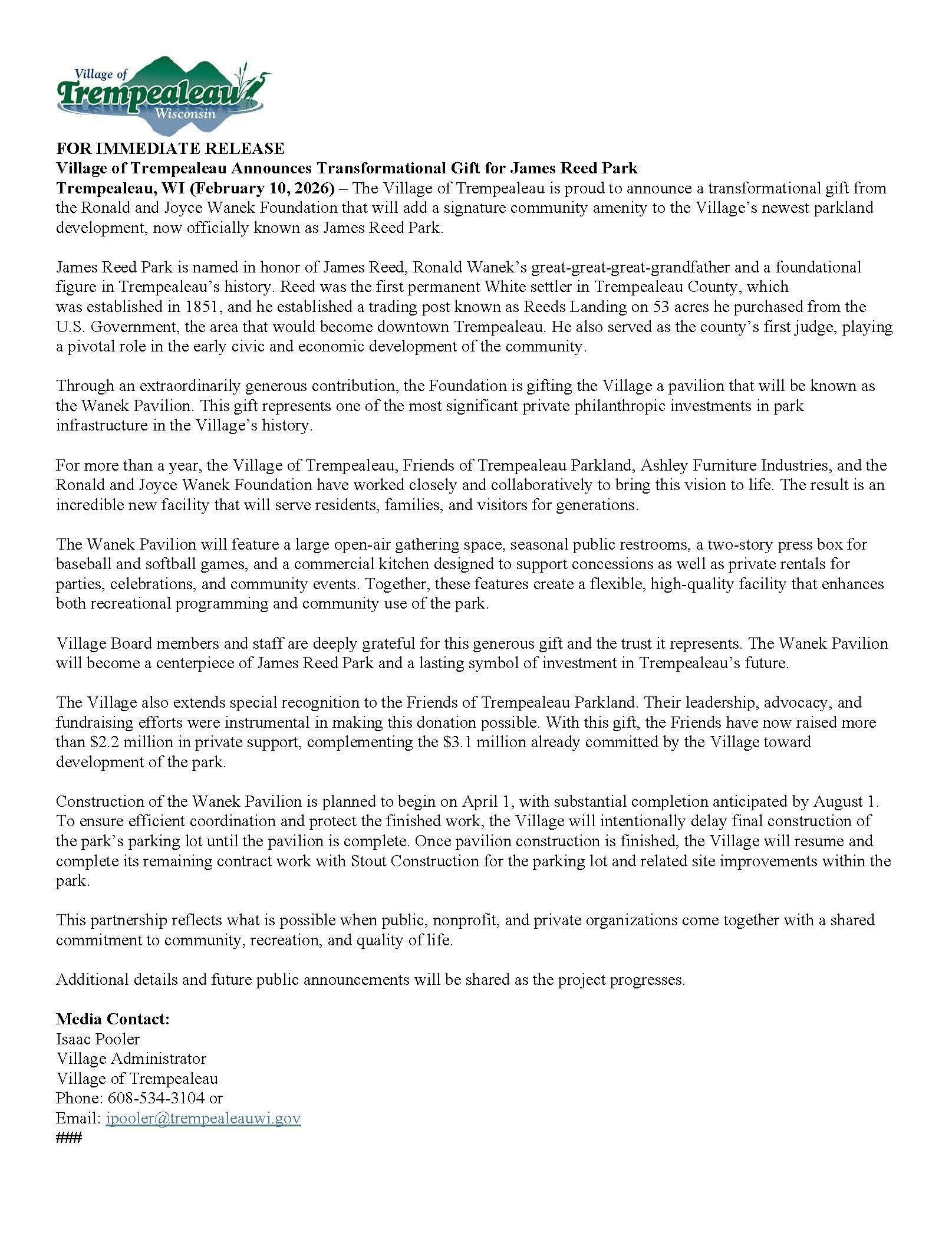 Press Release Village of Trempealeau Wanek Gift Final - Village of Trempealeau
